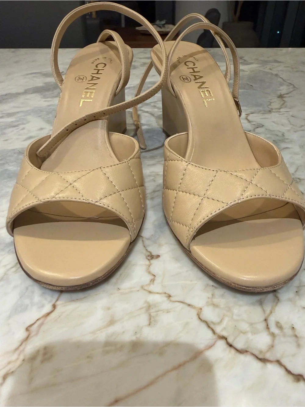 CHANEL Beige Quilted Leather Open-Toe wedge sandal